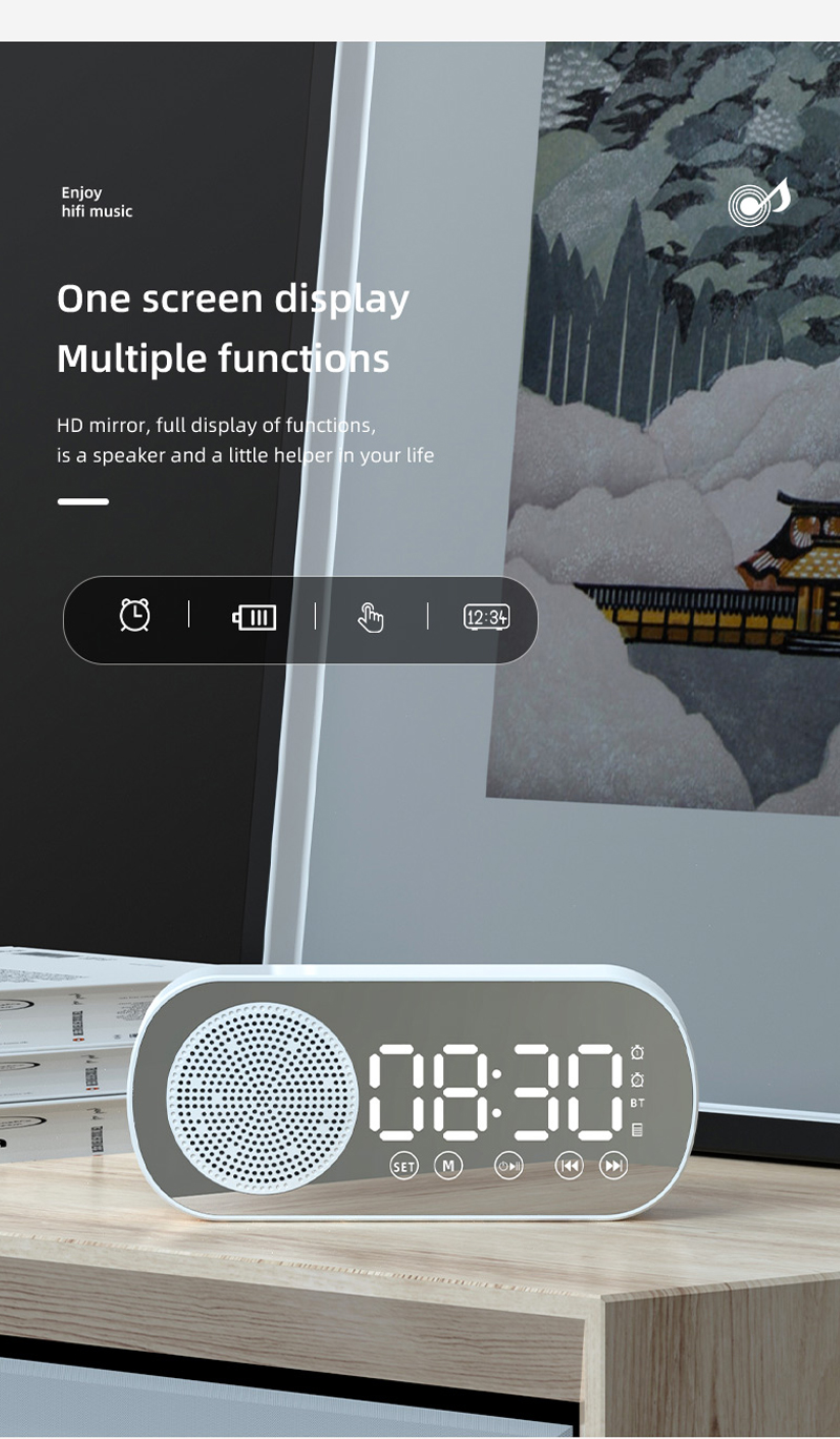 Picture of Multi Function Bluetooth 5.0 Compatible Wireless Speaker FM Radio Portable Accessories Support TF Card with Mirror Alarm Clock - Portable Table - Black
