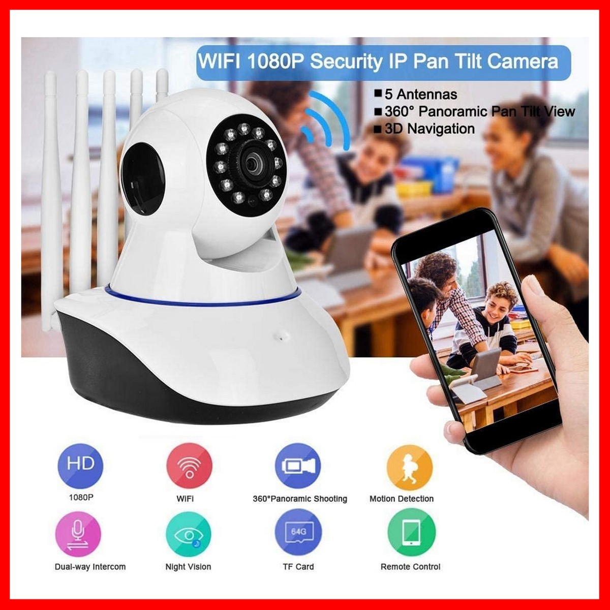 Picture of V380 Five Antenna 1080P 2MP WiFi IP Camera Two Way Audio Smart PTZ Camera - Multicolor,64GB