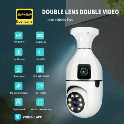 Picture of 2.0MP Dual Lens Smart Wireless WiFi Bulb Camera Night Vision Wi-Fi IP Camera CCTV 360 Degree PTZ Light Bulb Camera - Multicolor,64GB