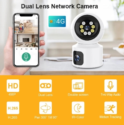 Picture of 4G Sim Supported Dual Lens Doll PTZ IP Camera 4MP Night Vision Auto Tracking Two Way Voice V380 Pro CCTV Cam