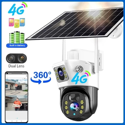 Picture of Dual Lens Solar Battery Backup PTZ IP Camera V380 PRO 4G Sim-Supported 10X Optical Zoom, Waterproof, Two-Way Audio, Motion Detection - Multicolor