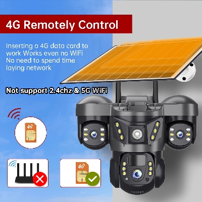 Picture of 4G LTE V380Pro Triple Lens Solar Powered Security Camera System PIR Motion Alarm Network CCTV Camera 3 Screens Recorder 4G Sim Supported IP Camera - Black