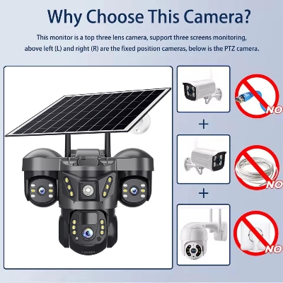 Picture of 4G LTE V380Pro Triple Lens Solar Powered Security Camera System PIR Motion Alarm Network CCTV Camera 3 Screens Recorder 4G Sim Supported IP Camera - Black
