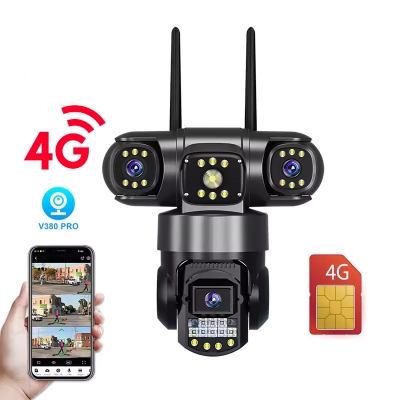 Picture of 4G V380 Three Lens 3 Screen IP Camera HD 6MP Outdoor Waterproof Two Way Intercom Full Color Night Vision PTZ CCTV Security Camera - Black
