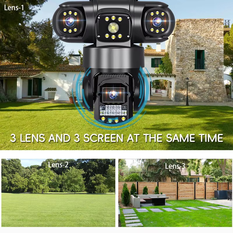 Picture of 4G V380 Three Lens 3 Screen IP Camera HD 6MP Outdoor Waterproof Two Way Intercom Full Color Night Vision PTZ CCTV Security Camera - Black