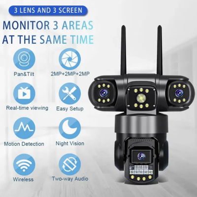 Picture of V380 Pro Three Lens Three Screen WiFi IP Security Camera HD 6MP Outdoor Waterproof Two Way Intercom Full Color Night Vision PTZ CCTV Security Camera Home / Office monitoring CCTV Camera - Black