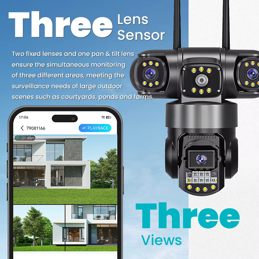 Picture of V380 Pro Three Lens Three Screen WiFi IP Security Camera HD 6MP Outdoor Waterproof Two Way Intercom Full Color Night Vision PTZ CCTV Security Camera Home / Office monitoring CCTV Camera - Black