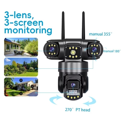 Picture of V380 Pro Three Lens Three Screen WiFi IP Security Camera HD 6MP Outdoor Waterproof Two Way Intercom Full Color Night Vision PTZ CCTV Security Camera Home / Office monitoring CCTV Camera - Black