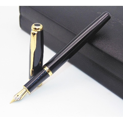 Picture of Black Business Metal Fountain Pen Nib Medium Gold Trim Arrow Clip School Supplies Hot Gift item