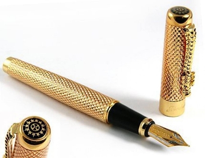 Picture of Jinhao Golden Dragon Red Crystal Eyes Fountain Pen with Push in Style Ink Converter - Gold
