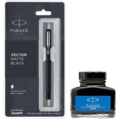 Picture of PARKER Vector Matte Black CT Fountain Pen with Blue Quink Ink Bottle  (Pack of 2) - Black