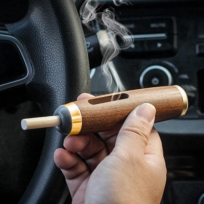 Picture of Walnut Wood Cigarette Holder Portable Car Ashtray Anti-soot Cover Men High Quality Exquisite Gift For Birthday - Golden