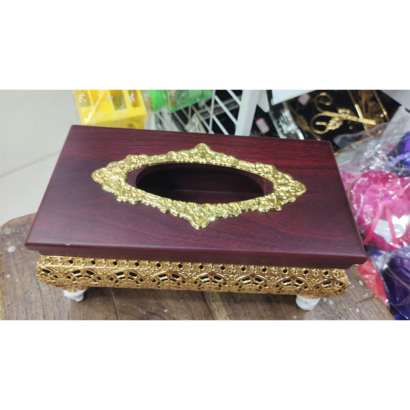 Picture of Golden Color Metal & Dark reddish-brown Color Tissue Box, White Colour Metal Body Tissue Box