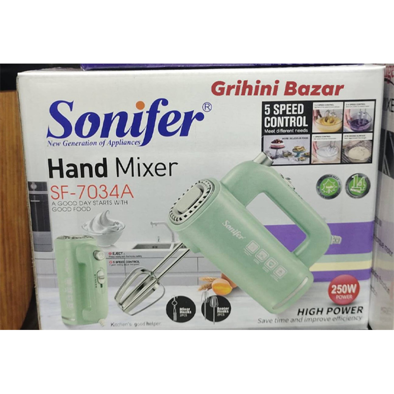 Picture of The Sonifer Hand Mixer SF-7034A offers reliable performance for all your baking and cooking needs. Whether whipping cream or kneading dough, this compact mixer handles it all effortlessly.