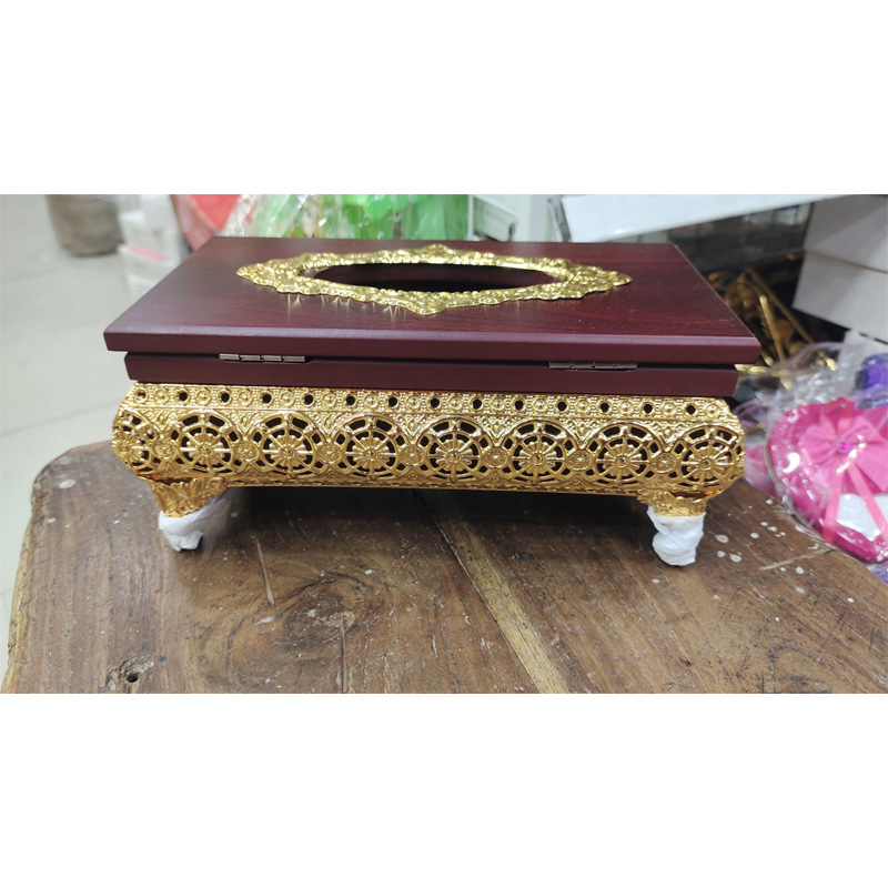 Picture of Golden Color Metal & Dark reddish-brown Color Tissue Box, White Colour Metal Body Tissue Box