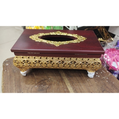 Picture of Golden Color Metal & Dark reddish-brown Color Tissue Box, White Colour Metal Body Tissue Box