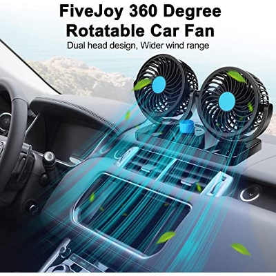 Picture of 12V DC Electric Car Fan Rotatable 2 Speed Dual Head with 9FT Cord Quiet Strong Dashboard Cooling Vehicle Fan for SUV Trucks