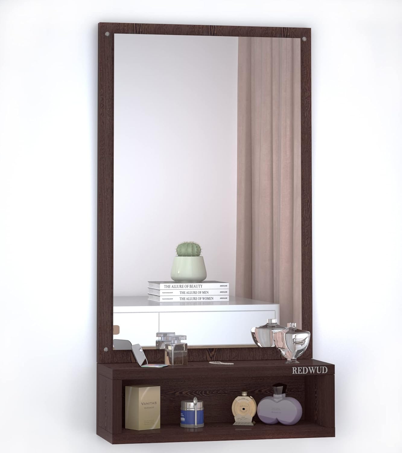Picture of Engineered Wood Dressing Wall Mirrors Wall Hanging Mirrors With Shelf Decorative Wall Mirror Dressing Table For Bedroom Living Room Matte Finish, Rectangular