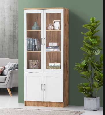 Picture of DeckUp Plank Versa 2 door Transparent Mirror Book Shelf With 5 storage Shelve and Storage Cabinet - Showpiece Display Unit, Wotan Oak and White, Matte Finish 60x24x12" - Multicolor