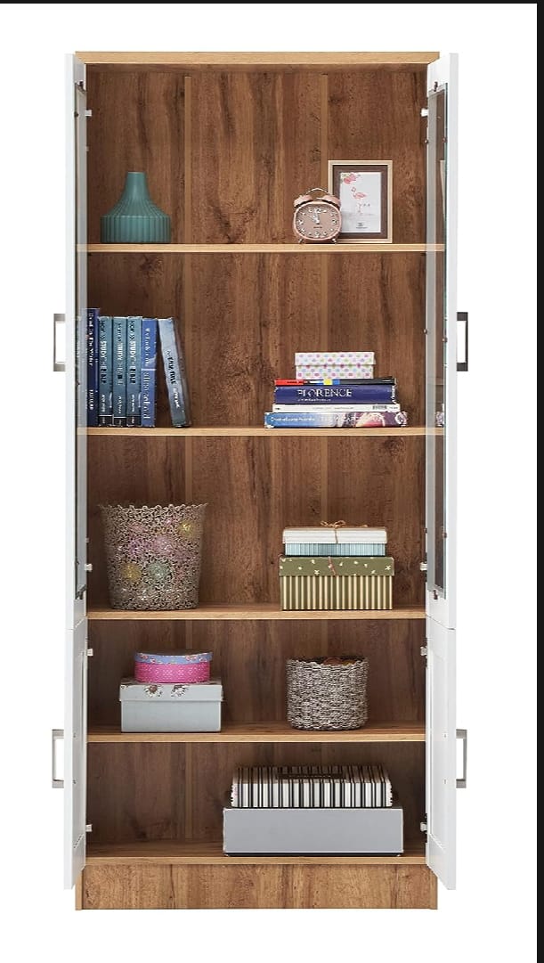 Picture of DeckUp Plank Versa 2 door Transparent Mirror Book Shelf With 5 storage Shelve and Storage Cabinet - Showpiece Display Unit, Wotan Oak and White, Matte Finish 60x24x12" - Multicolor