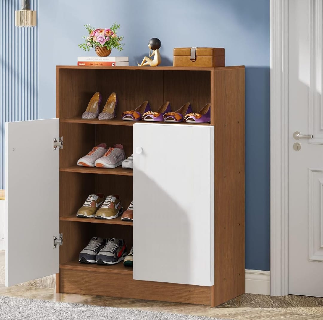 Picture of Lukzer 4 Tier Shoe Rack with Door Multi-Layer Storage Organizer Shelf Free Standing Stand Entryway Rack Cabinets for your Home & Office Design by MoumiFurniture 30x24x12'