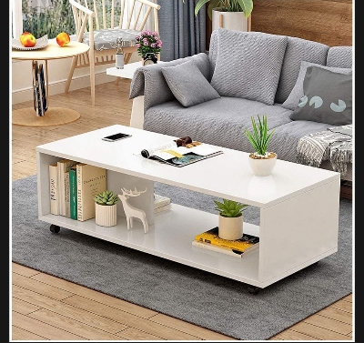 Picture of EKRON Center Table with Wheels Open Rack Bed Side Display Stand Fashionable Space Saving Furniture Coffee Tea Table (Frosty White) 18X30X16" - White