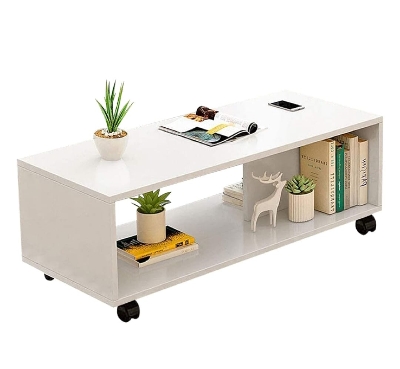 Picture of EKRON Center Table with Wheels Open Rack Bed Side Display Stand Fashionable Space Saving Furniture Coffee Tea Table (Frosty White) 18X30X16" - White