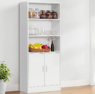 Picture of Multifunctional Storage Rack, 5 Tier Storage Cabinet with 3 Open Shelves & 2 Magnetic Door-5 ft Kitchen Cabinet - Crockery Storage Cabinets-Storage Shelf for Office & Home Living Room 60X24X10" - White