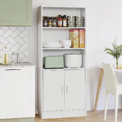 Picture of Multifunctional Storage Rack, 5 Tier Storage Cabinet with 3 Open Shelves & 2 Magnetic Door-5 ft Kitchen Cabinet - Crockery Storage Cabinets-Storage Shelf for Office & Home Living Room 60X24X10" - White