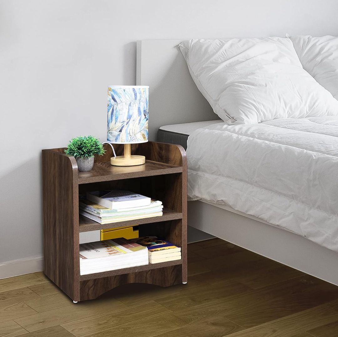 Picture of Moumi Furniture Wooden Side Table - Night Stand & End Table Organiser - 2 Tier Shelf DIY Space Saver Storage Organizer - Bedside Furniture for Bedroom,Living Room,Hallway - Chocolate