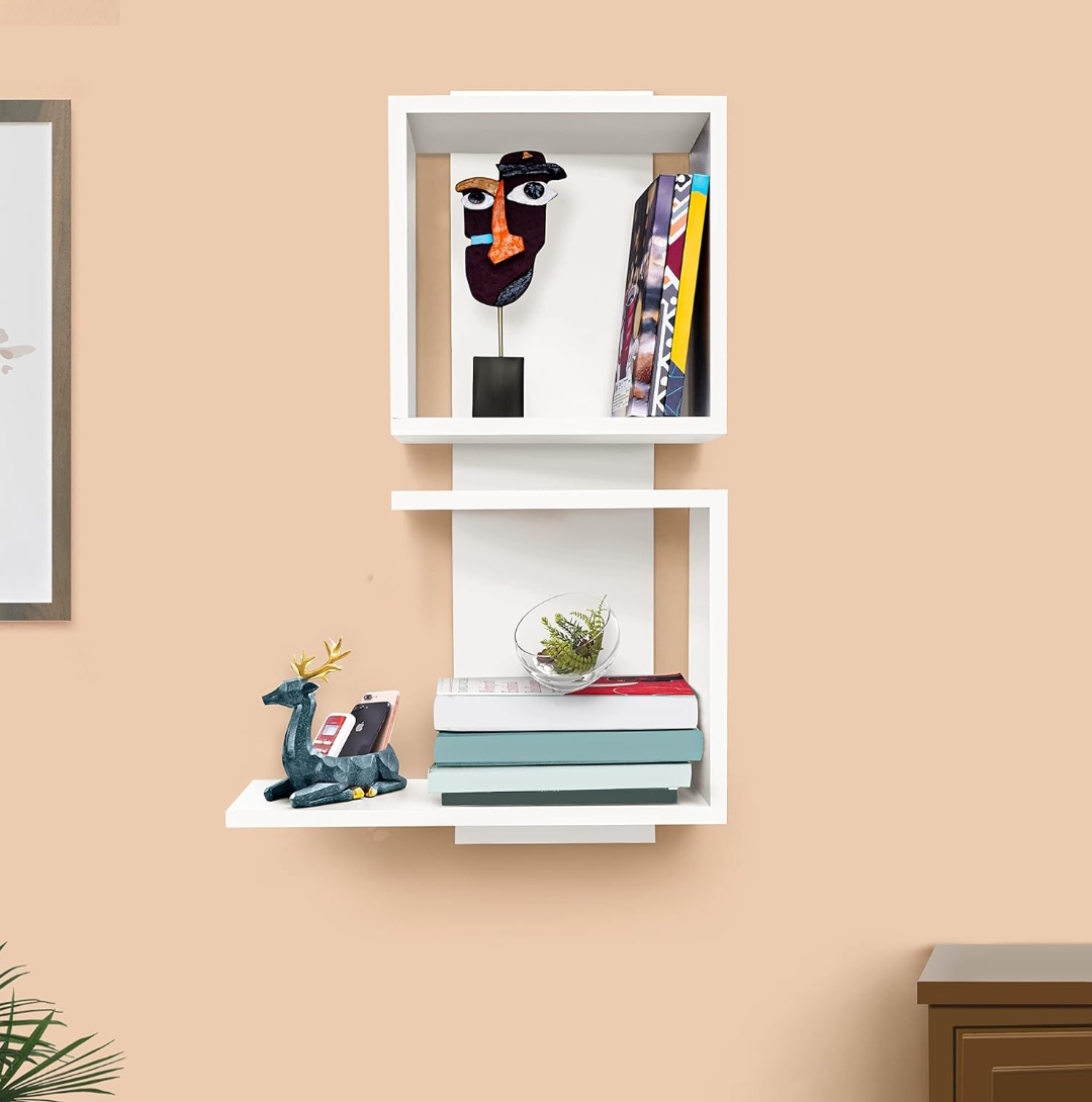 Picture of Moumi Furniture Wooden Wall Mounted Shelf - Open Wall Shelf - Floating Shelf/Showcase with Storage Racks - DIY Shelf Organizer for Wall Decoration Living Room Decor & Office - White