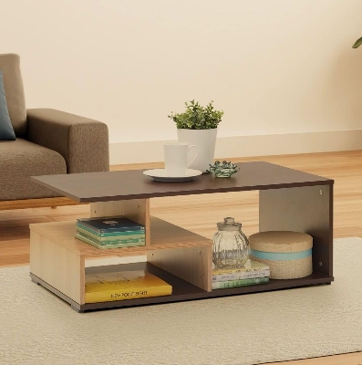 Picture of Engineered Wood Coffee Table (Gold Cherry) | Center Table for Living Room in Suede Finish | 1 Surface Top, 2 Shelves - Chocolate