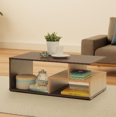 Picture of Engineered Wood Coffee Table (Gold Cherry) | Center Table for Living Room in Suede Finish | 1 Surface Top, 2 Shelves - Chocolate