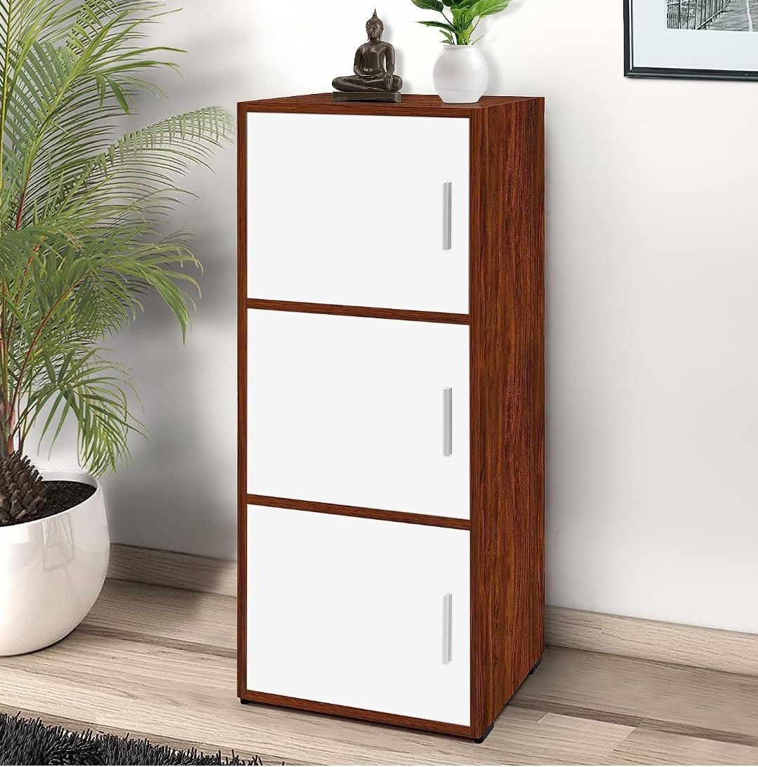 Picture of Moumi Furniture 3 Tier Engineered Wood DIY Storage Cabinet for Living Room with Magnetic Door, Space Saving Furniture for Home, Kitchen - Chocolate