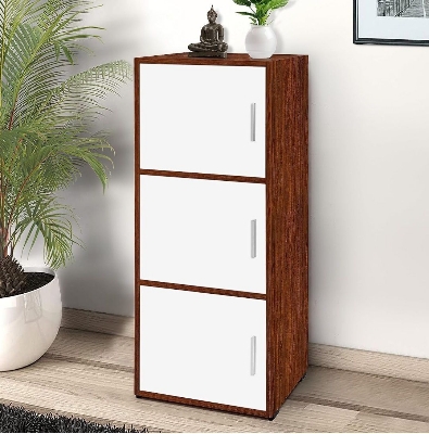 Picture of Moumi Furniture 3 Tier Engineered Wood DIY Storage Cabinet for Living Room with Magnetic Door, Space Saving Furniture for Home, Kitchen - Chocolate