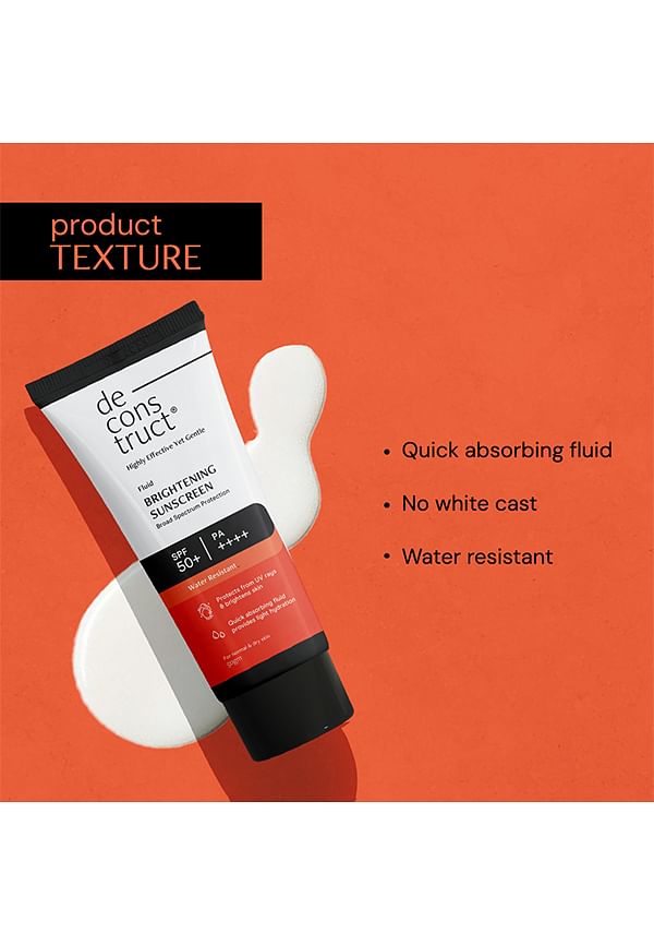 Picture of Deconstruct Brightening & Glow Sunscreen SPF 50+ And PA++++ | Dewy Sunscreen | For Dry Skin | Water Resistant, No White Cast, Quick Absorbing | For Women and Men | 50gm
