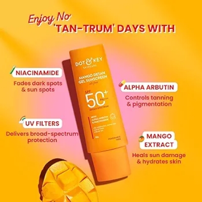 Picture of Dot & Key Mango Detan Gel Sunscreen SPF 50+ PA+++ 80g | Oil-Free, With Alpha-Arbutin & Niacinamide