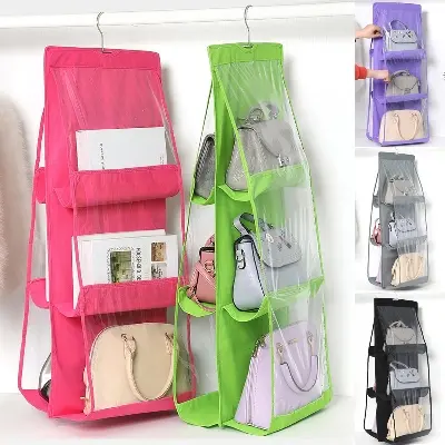 Picture of 6 Pocket Foldable Hanging Bag 3 Layers Folding Shelf Bag Purse Handbag Organizer Door Sundry Pocket Hanger Storage Closet Hanger
