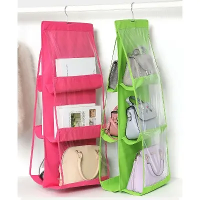 Picture of 6 Pocket Foldable Hanging Bag 3 Layers Folding Shelf Bag Purse Handbag Organizer Door Sundry Pocket Hanger Storage Closet Hanger