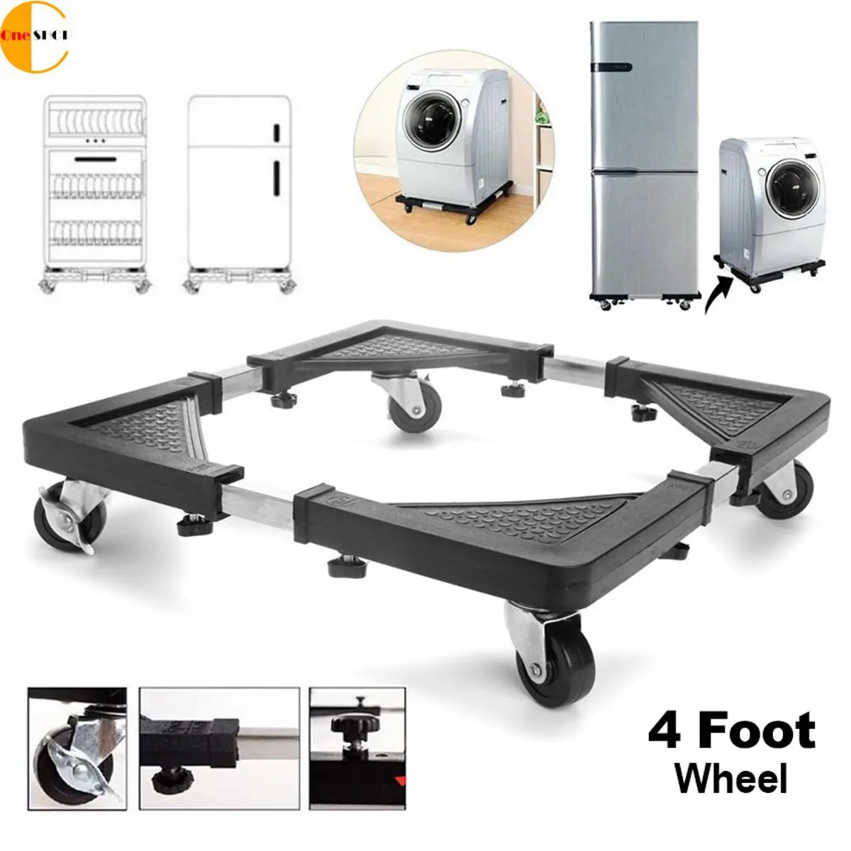 Picture of Washing Machine Stand Mount - Multi-function Roller Washing Machine Mobile Refrigerator Base Reinforced Retractable Movable Rack with Wheels Kitchen Fridge Base Bracket