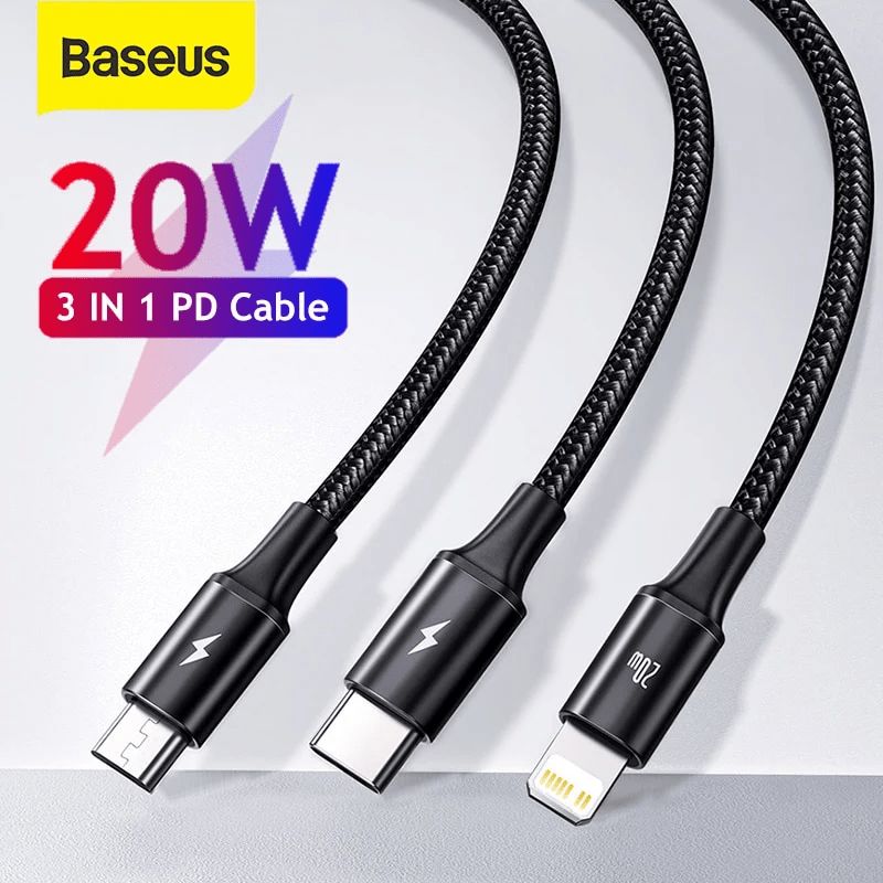 Picture of Baseus PD 20W Rapid Series 3-in-1 Fast Charging Data Cable Type-C to M+L+C - Black