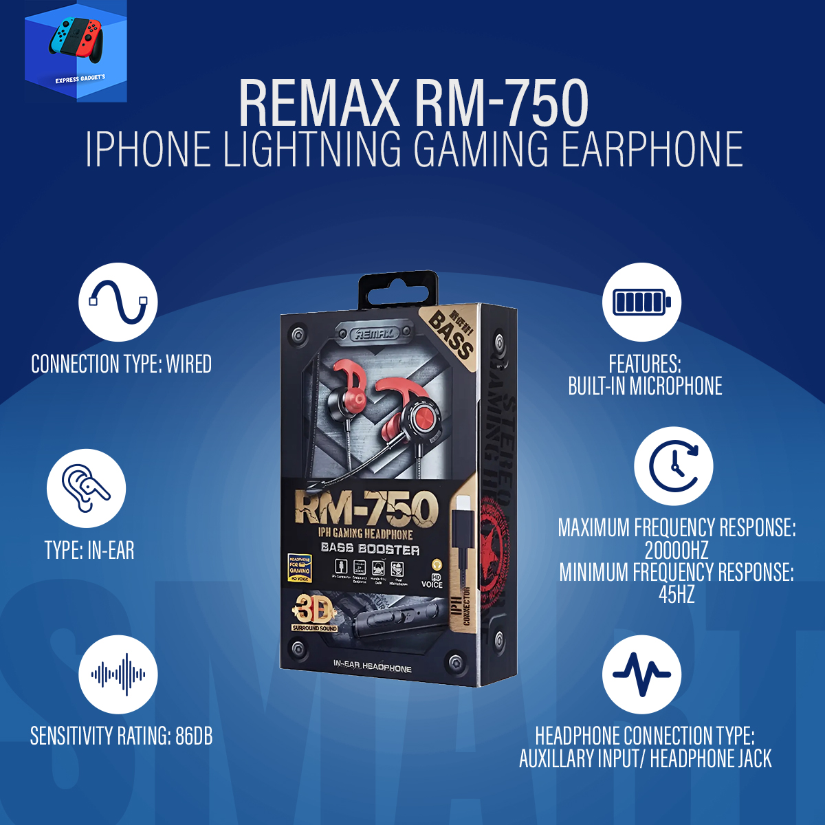 Picture of REMAX RM-750 IPhone Lightning Gaming Earphone – Black And Red - Black