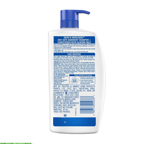 Picture of Head & Shoulders 2-in-1 Cool Menthol Anti Dandruff Shampoo + Conditioner for Women & Men, With Almond Milk (1 L)