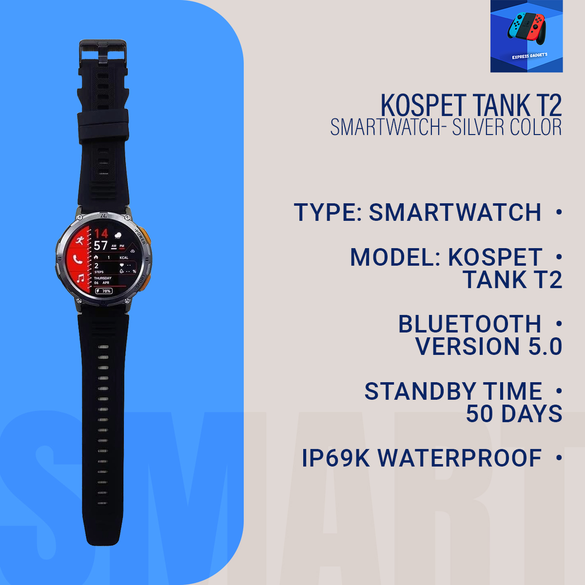 Picture of KOSPET TANK T2 Smartwatch- Silver Color( 2years replacement warranty) - Silver