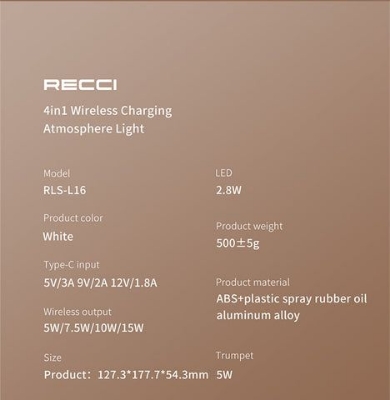 Picture of Recci RLS-L16 4-IN-1 Speaker, Wireless Charger, Night Light, Phone Holder - Apricot