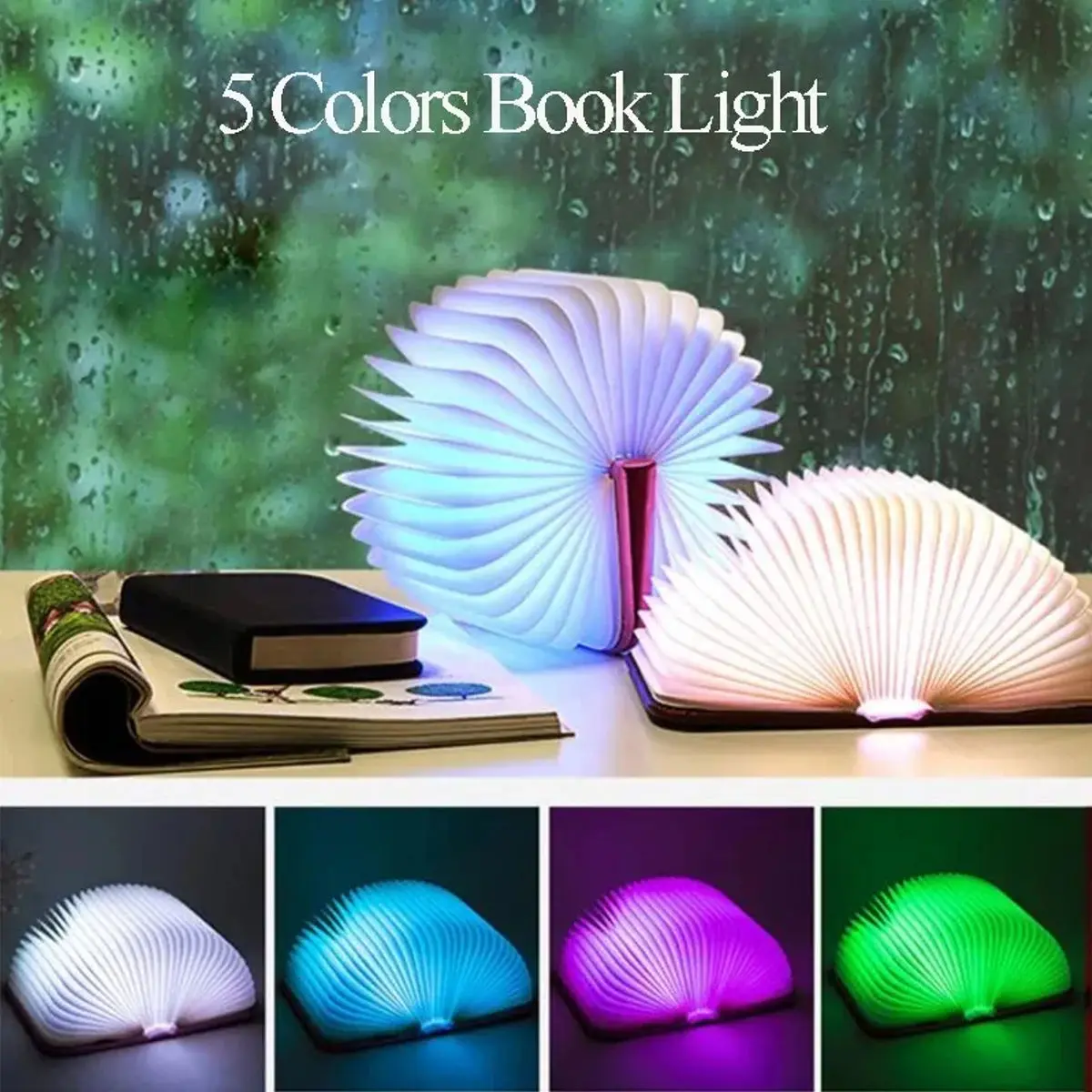 Picture of 3D LED Magic Book Night Light – RGB 5 Colors, USB Rechargeable Folding Wooden Table Lamp for Home & Desk Decoration