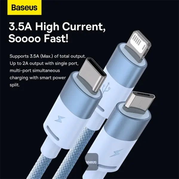 Picture of Baseus StarSpeed 1-for-3 Fast Charging Data Cable USB to M+L+C 3.5A 1.2M - Blue