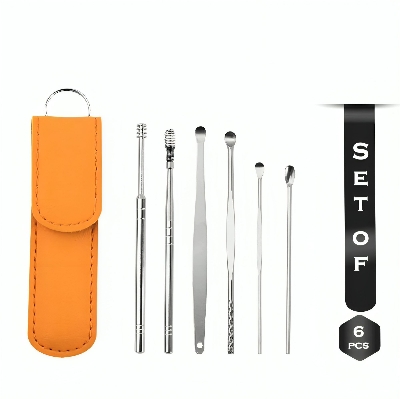 Picture of Premium  Steel Ear Pick Cleaner Set with Lather Case - 6 Pcs - Silver