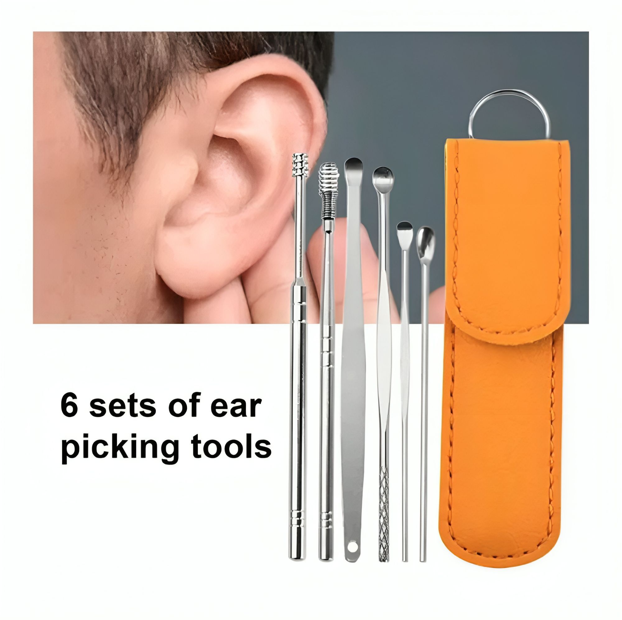 Picture of Premium  Steel Ear Pick Cleaner Set with Lather Case - 6 Pcs - Silver