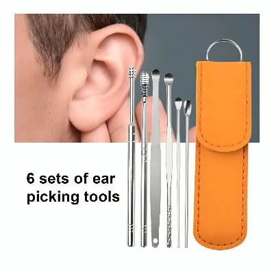 Picture of Premium  Steel Ear Pick Cleaner Set with Lather Case - 6 Pcs - Silver